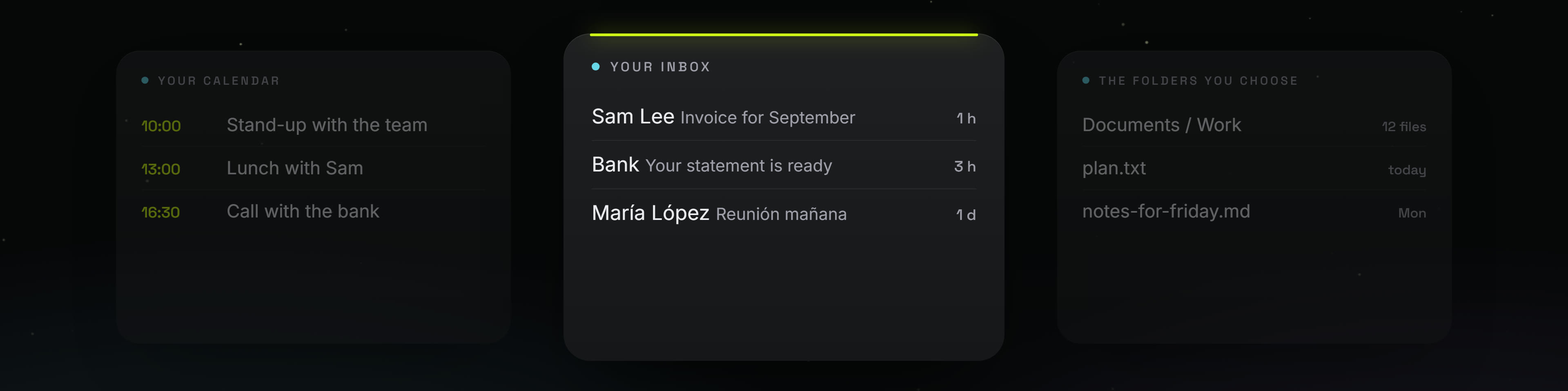 From the film: a calendar with three meetings, an inbox with three messages, and the folders that were chosen